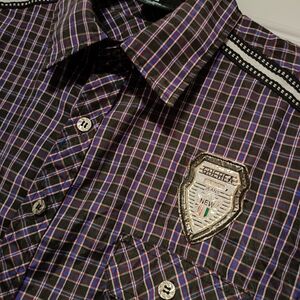 L💜Plaid Casual Button-Down Shirt with Badge